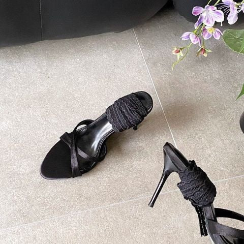 Elegant Black Stiletto Heels: Women Open Toe Lace-up Sandals