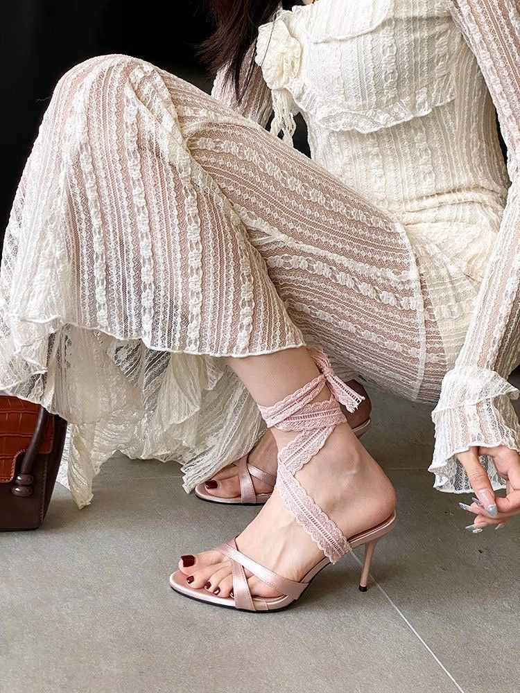 Elegant Black Stiletto Heels: Women Open Toe Lace-up Sandals
