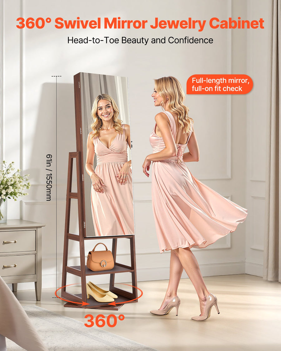 360° Swivel Jewelry Cabinet - Full-Length Vanity Mirror Storage