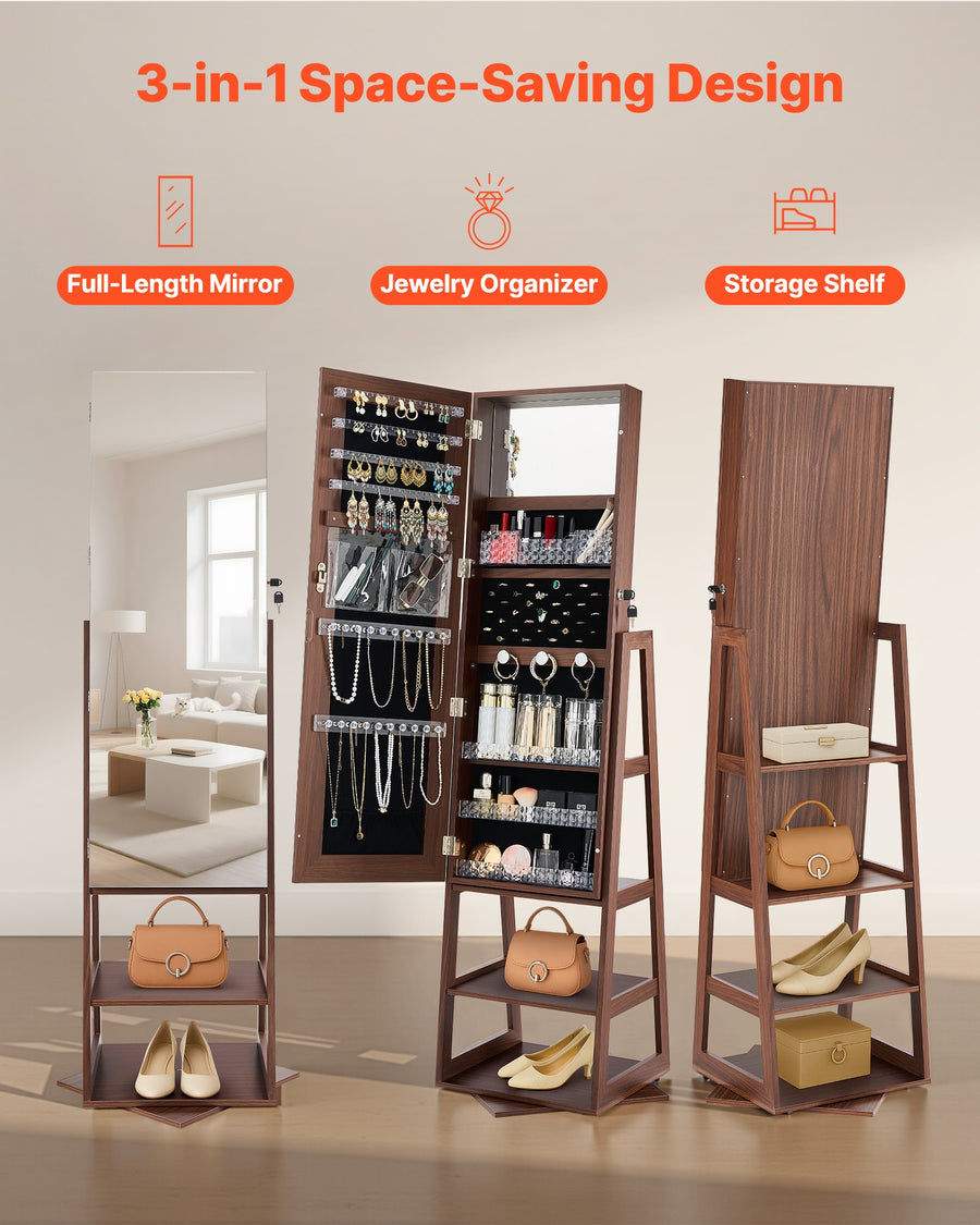 360° Swivel Jewelry Cabinet - Full-Length Vanity Mirror Storage