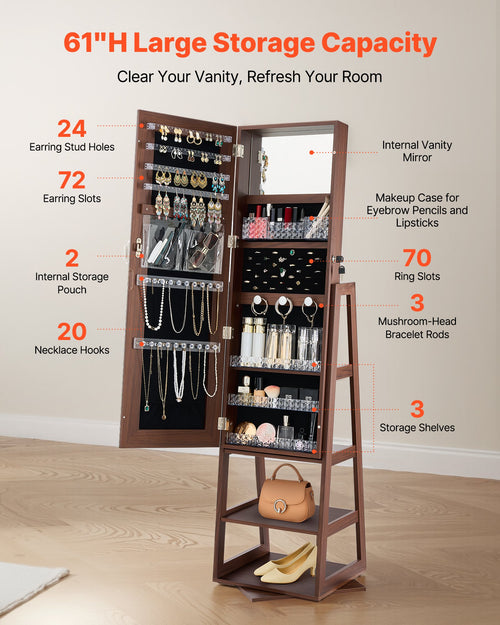 360° Swivel Jewelry Cabinet - Full-Length Vanity Mirror Storage