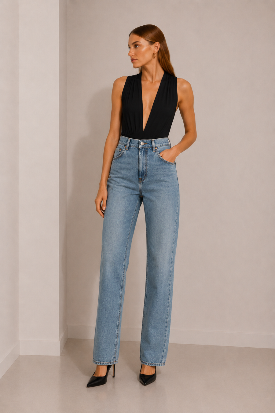 Women's Deep V Neck Shoulder Pad Bodysuit - Sleek & Stylish