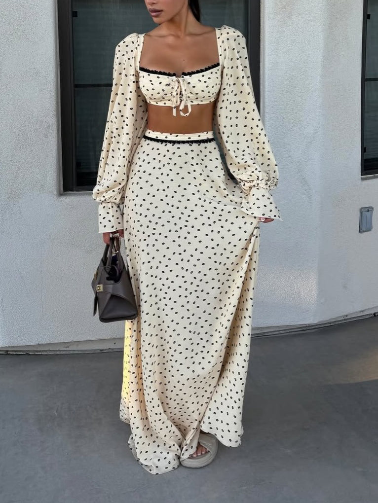 Polka Dot Lace Trim Crop Top & Maxi Skirt Set