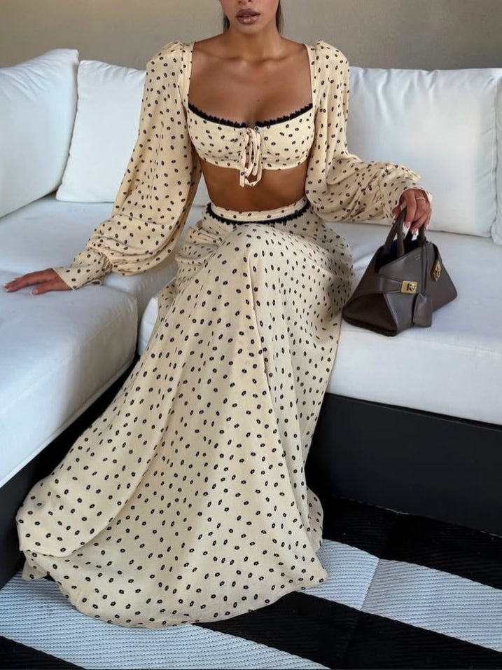 Polka Dot Lace Trim Crop Top & Maxi Skirt Set