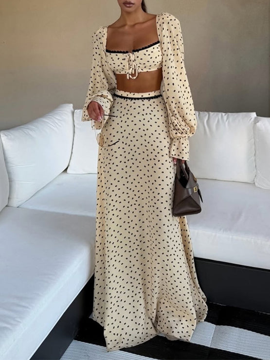 Polka Dot Lace Trim Crop Top & Maxi Skirt Set