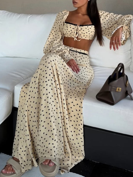 Polka Dot Lace Trim Crop Top & Maxi Skirt Set