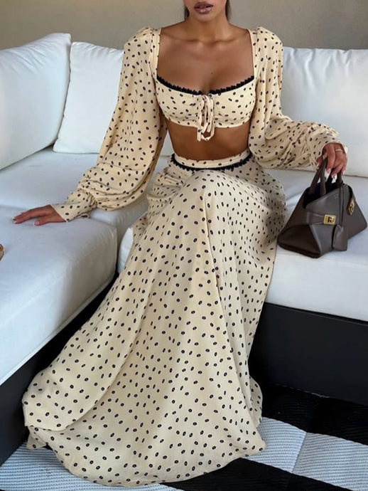 Polka Dot Lace Trim Crop Top & Maxi Skirt Set