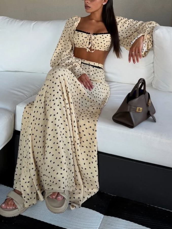 Polka Dot Lace Trim Crop Top & Maxi Skirt Set