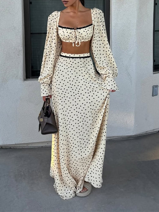 Polka Dot Lace Trim Crop Top & Maxi Skirt Set