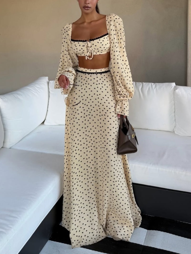 Polka Dot Lace Trim Crop Top & Maxi Skirt Set
