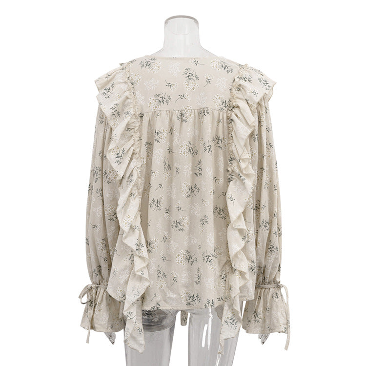 Ditsy Floral Ruffled Tie-Neck Long Sleeve Blouse