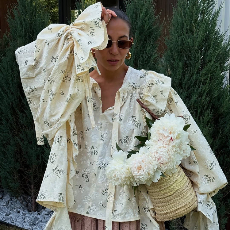 Ditsy Floral Ruffled Tie-Neck Long Sleeve Blouse