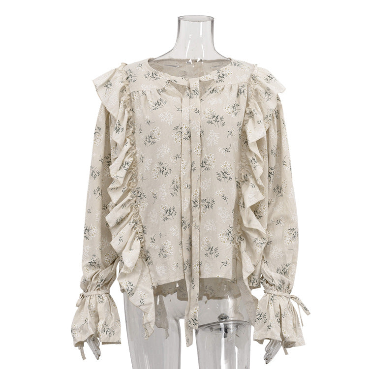 Ditsy Floral Ruffled Tie-Neck Long Sleeve Blouse