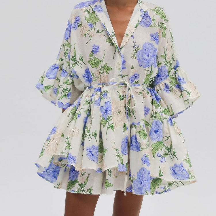 Watercolor Blue Floral Mini Shirt Dress for Effortless Style