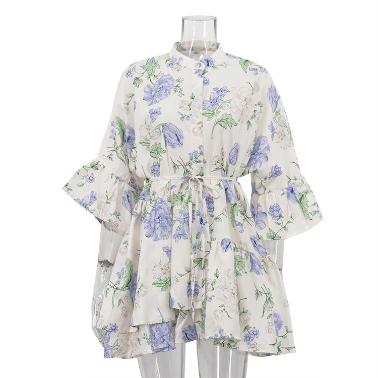 Watercolor Blue Floral Mini Shirt Dress for Effortless Style