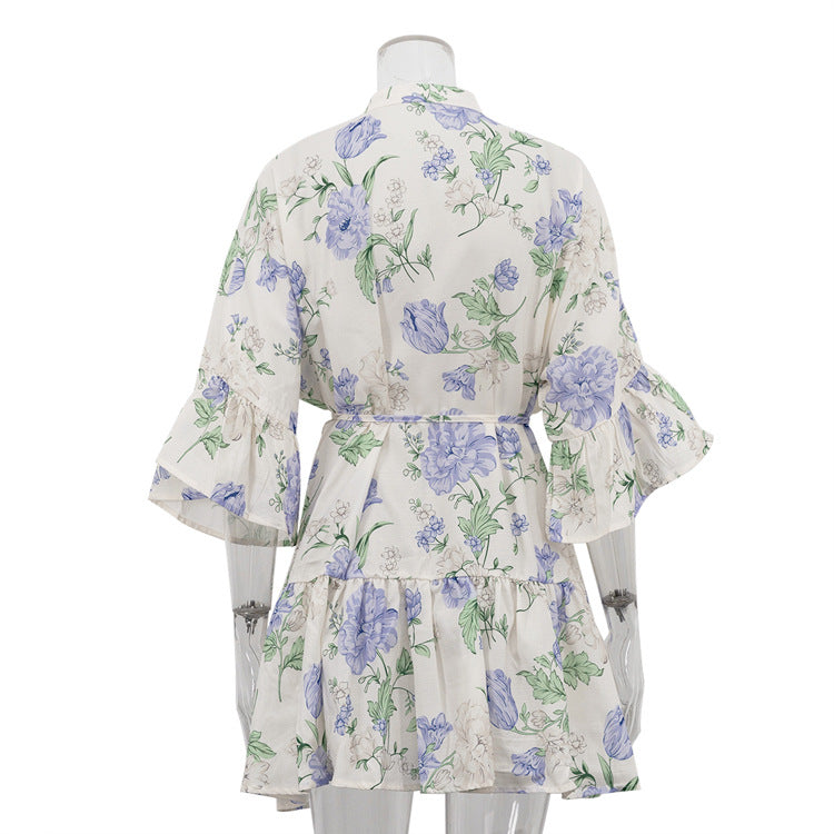 Watercolor Blue Floral Mini Shirt Dress for Effortless Style