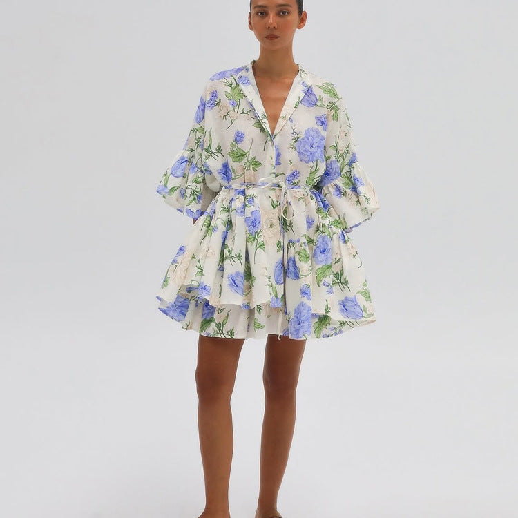Watercolor Blue Floral Mini Shirt Dress for Effortless Style