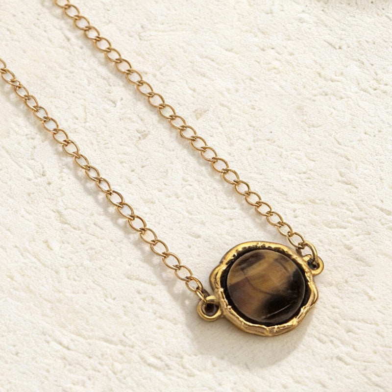 Stainless Steel Pendant Necklace with Tiger's Eye Inlay