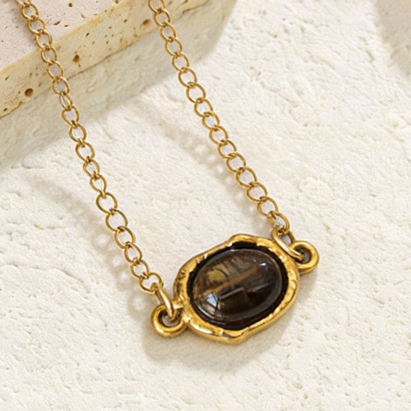 Stainless Steel Pendant Necklace with Tiger's Eye Inlay