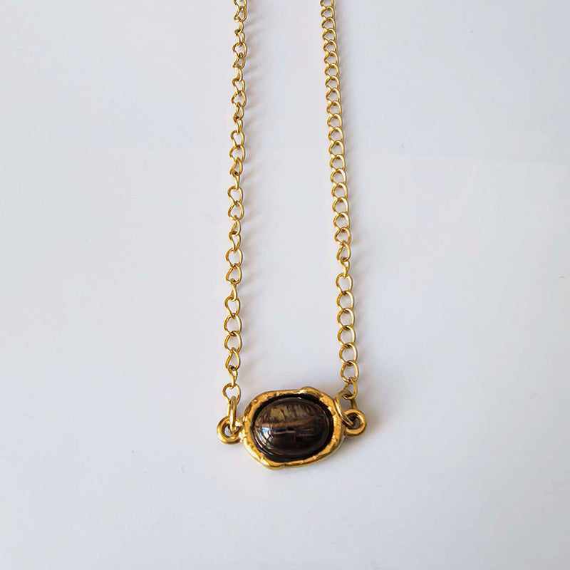 Stainless Steel Pendant Necklace with Tiger's Eye Inlay
