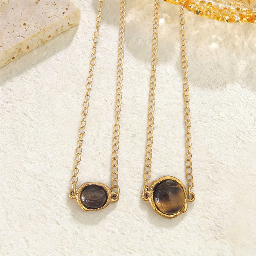 Stainless Steel Pendant Necklace with Tiger's Eye Inlay