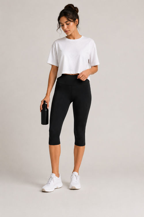 Women's High Waist Capri Leggings with Side Pocket