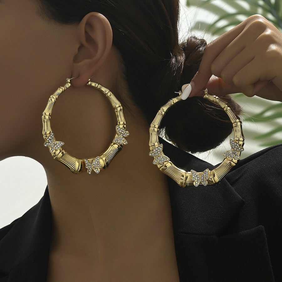 Elegant Big Hoop Stud Earrings with Butterfly Cubic Zirconia