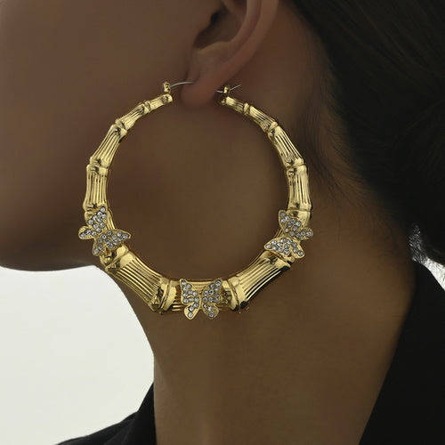 Elegant Big Hoop Stud Earrings with Butterfly Cubic Zirconia