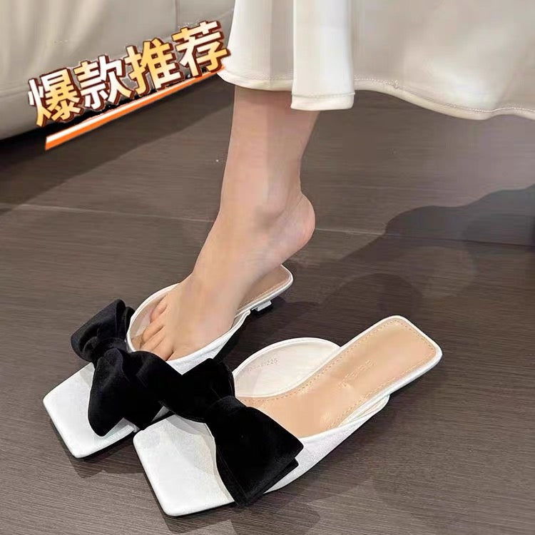 Women's French Bow Sweet Square Toe Slide Sandals