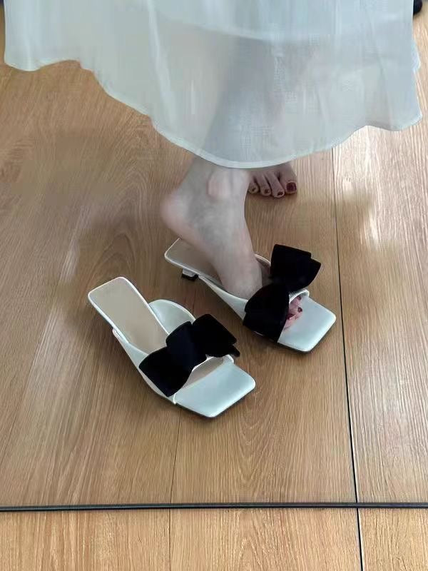 Women's French Bow Sweet Square Toe Slide Sandals