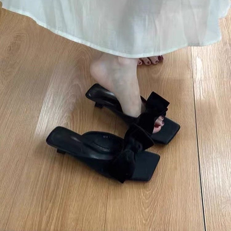 Women's French Bow Sweet Square Toe Slide Sandals