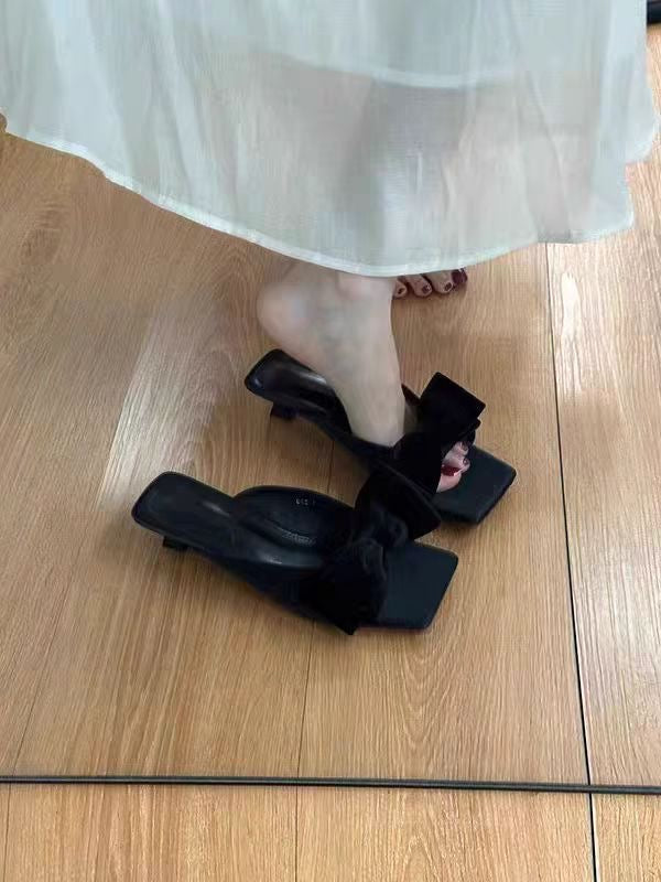 Women's French Bow Sweet Square Toe Slide Sandals