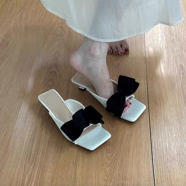 Women's French Bow Sweet Square Toe Slide Sandals