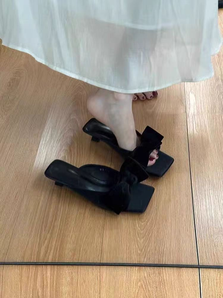 Women's French Bow Sweet Square Toe Slide Sandals