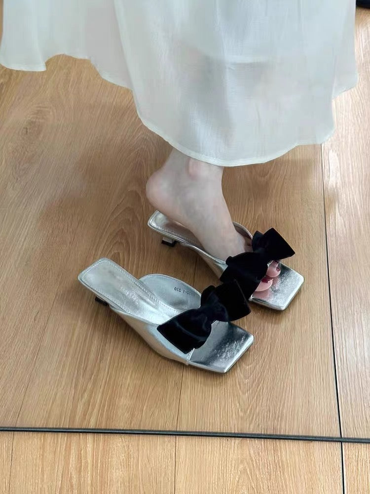 Women's French Bow Sweet Square Toe Slide Sandals