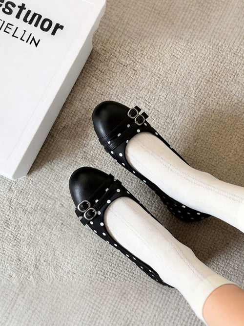 2026 Women's French Vintage Polka Dot Black Flats - Slip-On Style
