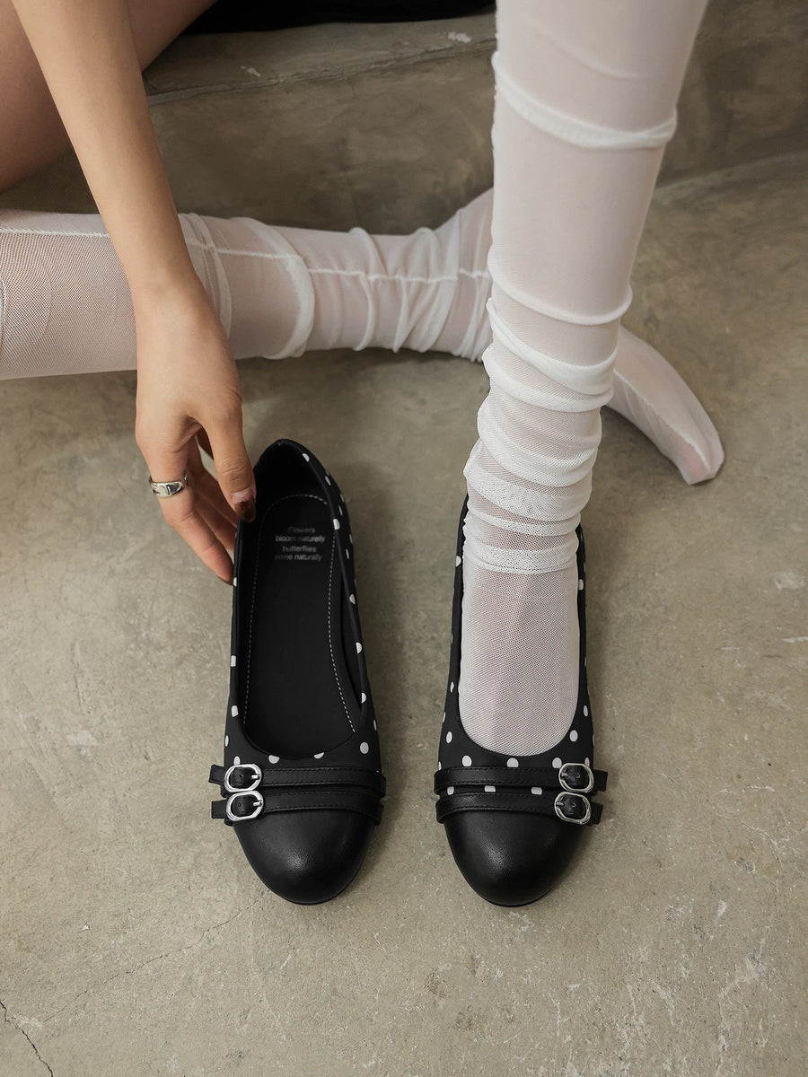 2026 Women's French Vintage Polka Dot Black Flats - Slip-On Style