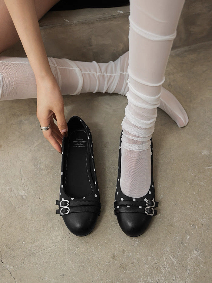 2026 Women's French Vintage Polka Dot Black Flats - Slip-On Style