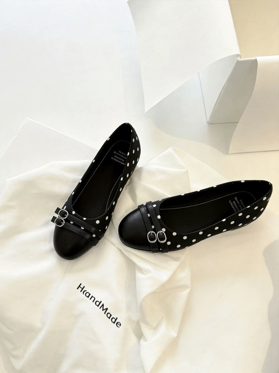 2026 Women's French Vintage Polka Dot Black Flats - Slip-On Style