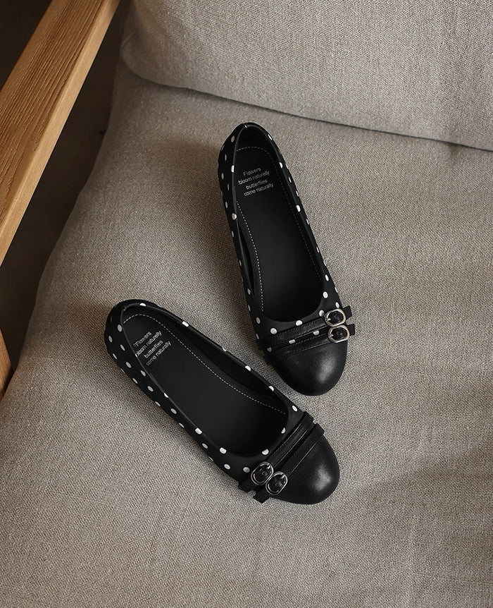 2026 Women's French Vintage Polka Dot Black Flats - Slip-On Style