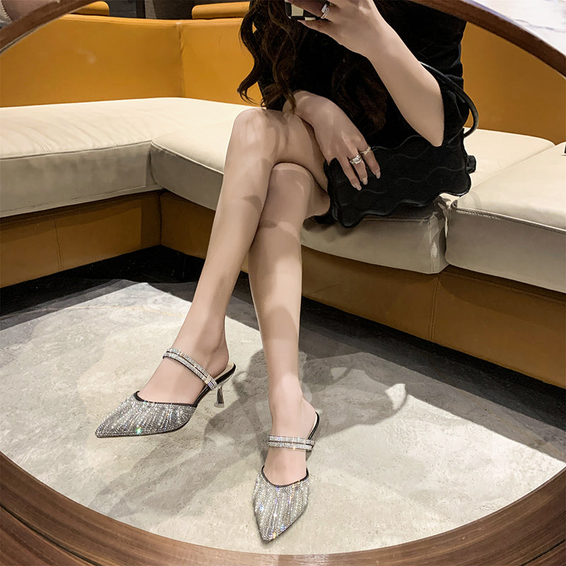 Women Pearl Rhinestone Pointed Toe High Heel Sandals