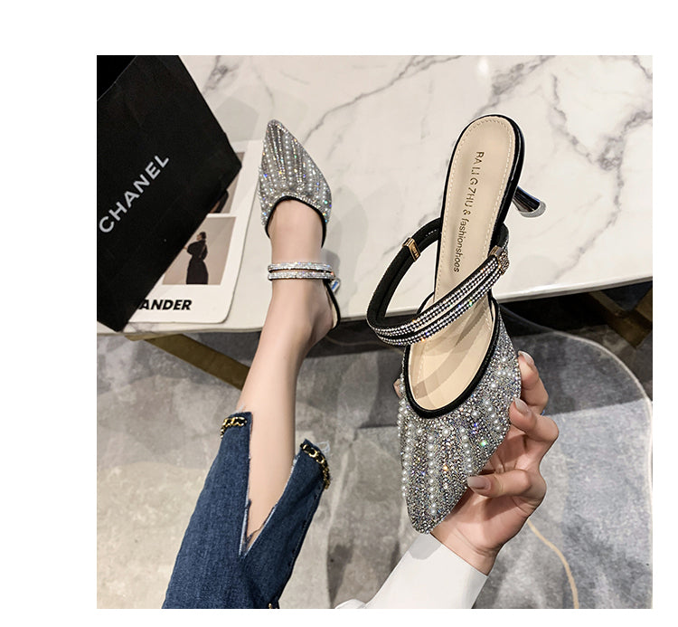 Women Pearl Rhinestone Pointed Toe High Heel Sandals