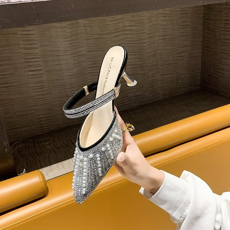 Women Pearl Rhinestone Pointed Toe High Heel Sandals
