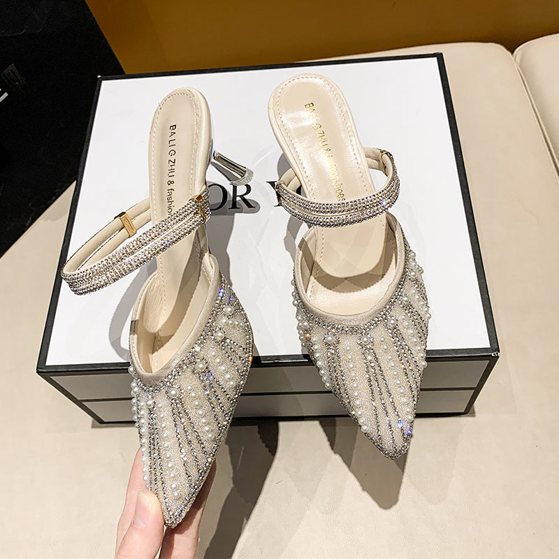 Women Pearl Rhinestone Pointed Toe High Heel Sandals