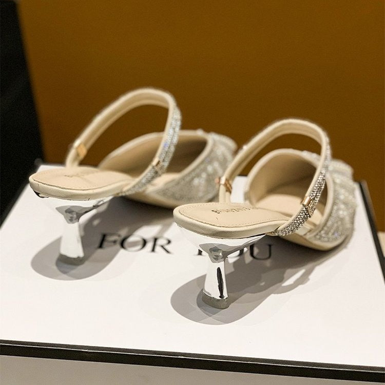 Women Pearl Rhinestone Pointed Toe High Heel Sandals