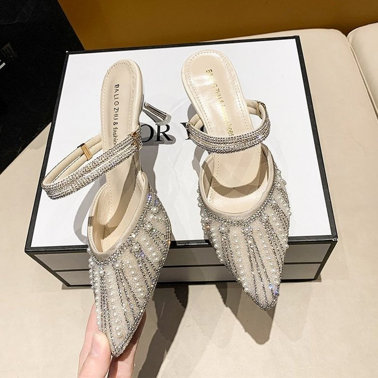 Women Pearl Rhinestone Pointed Toe High Heel Sandals