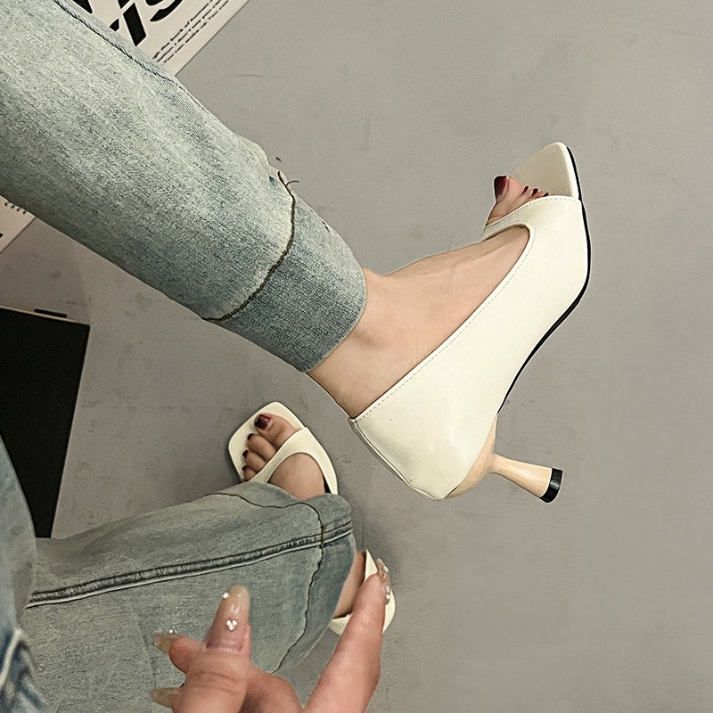 Elegant Summer Women French Style Soft Leather Heels Sandals