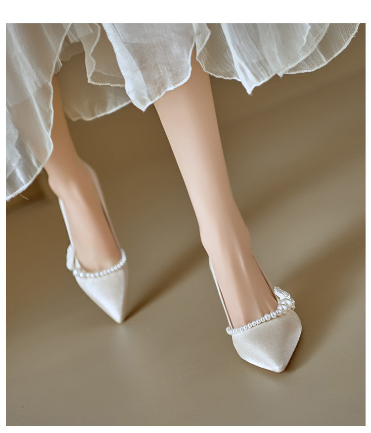 Women Soft Leather French Pointed Toe Pearl Thin Heel Pumps