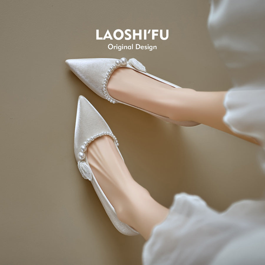 Women Soft Leather French Pointed Toe Pearl Thin Heel Pumps