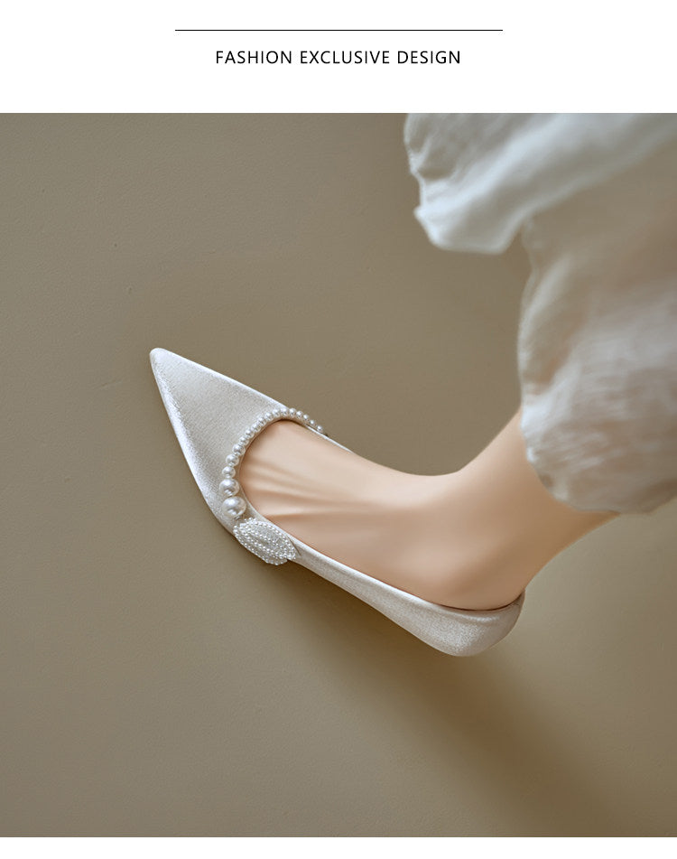 Women Soft Leather French Pointed Toe Pearl Thin Heel Pumps